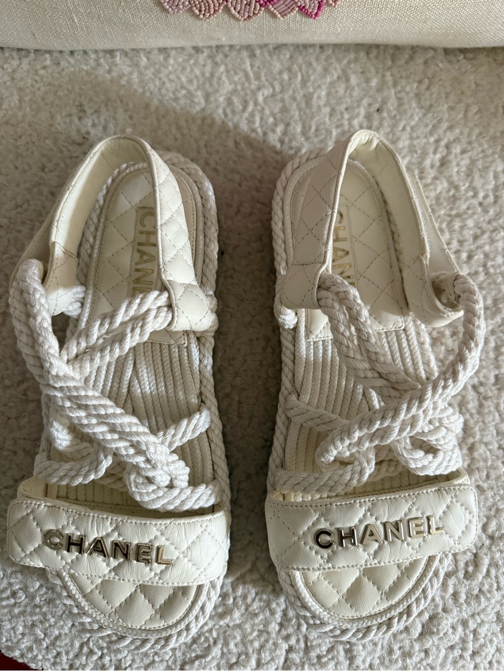 CHANEL Cream Quilted Rope Strap Sandals with Gold Logo, size EU 37